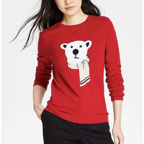 New Tommy Hilfiger Red Polar Bear Crewneck‎ Sweater Size Large - Picture 1 of 10